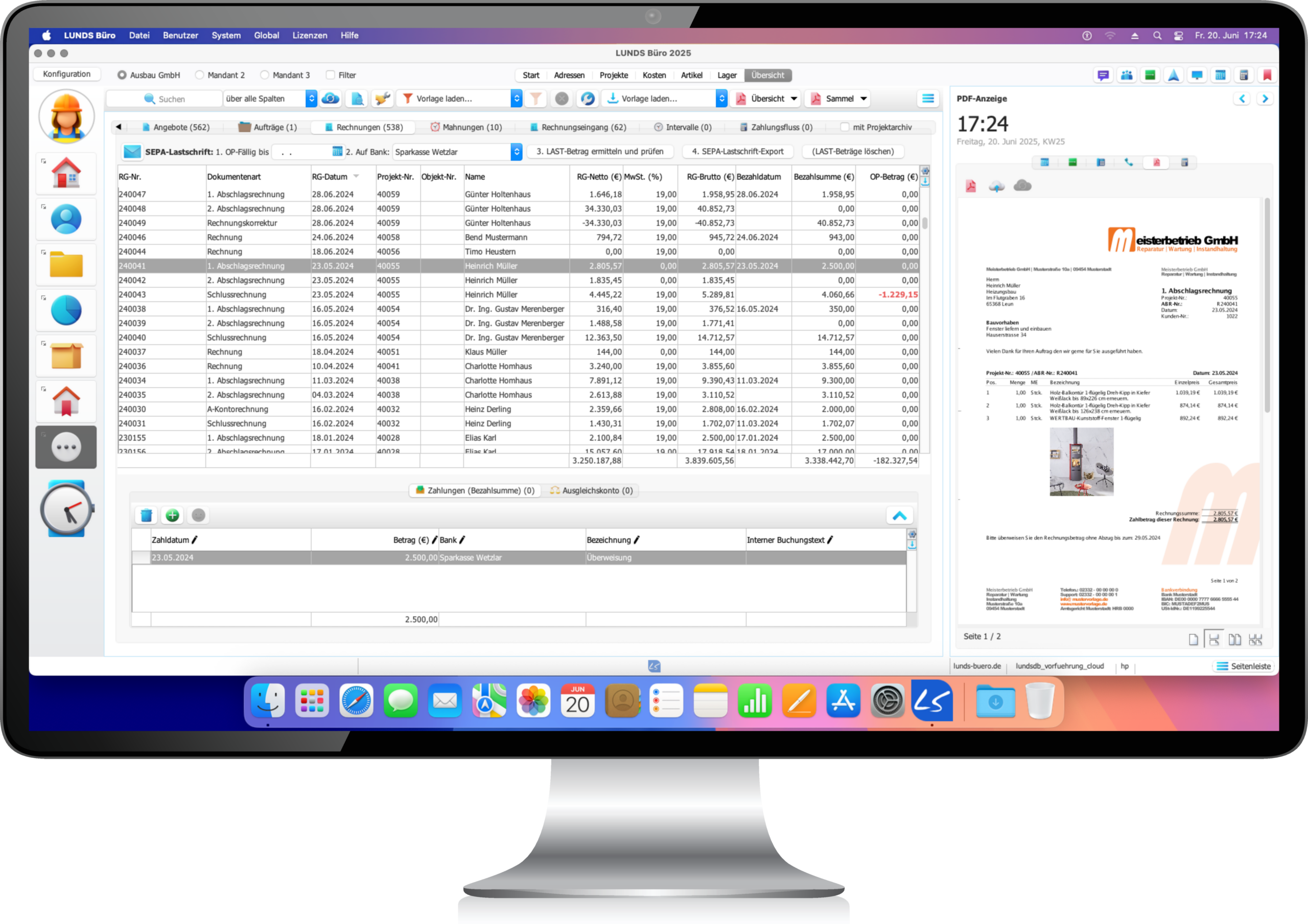 Handwerkersoftware für macOS – Übersichtsmodul:  Alle Angebote, Rechnungen, Projekte, Mahnungen und Eingangsrechnungen in der Handwerkersoftware LUNDS Büro auf macOS lauffähig